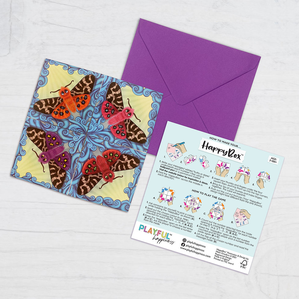 Miniatyrbild: Origami paper fortune teller pop-up card with cute moths, flat packed with a purple envelope and illustrated instructions.