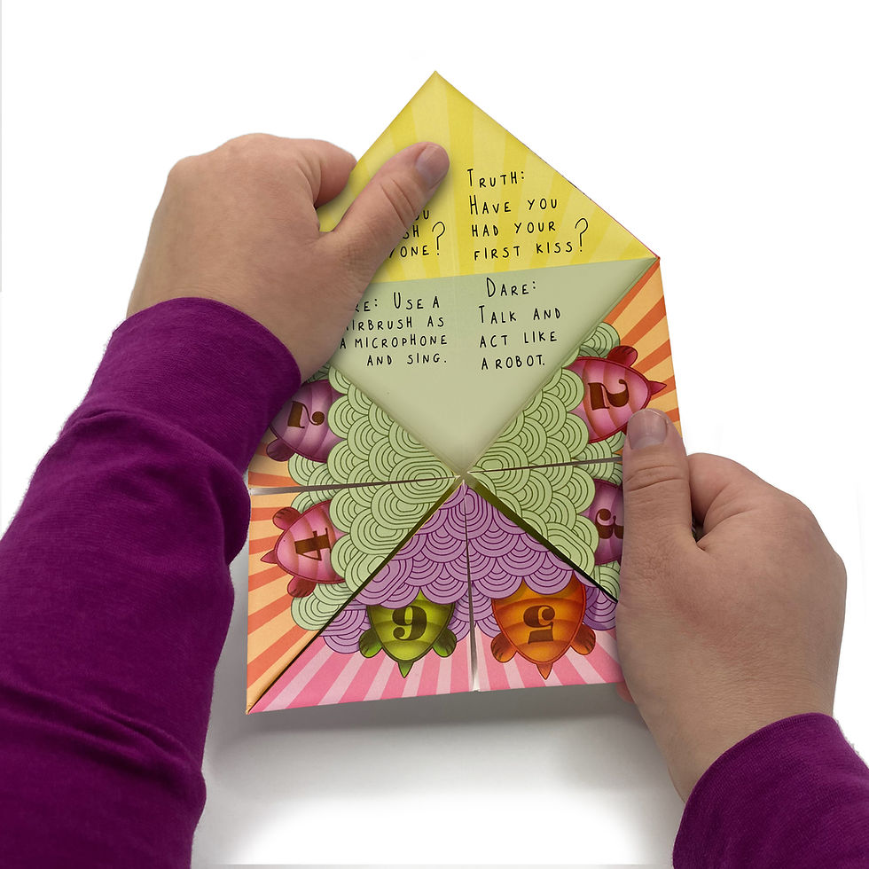 Thumbnail: Reading messages in a pop-up sea turtle origami cootie catcher card.