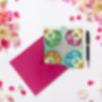 Miniatyrbild: Cootie Catcher pop-up card with flamingos, flat packed with a pink envelope.