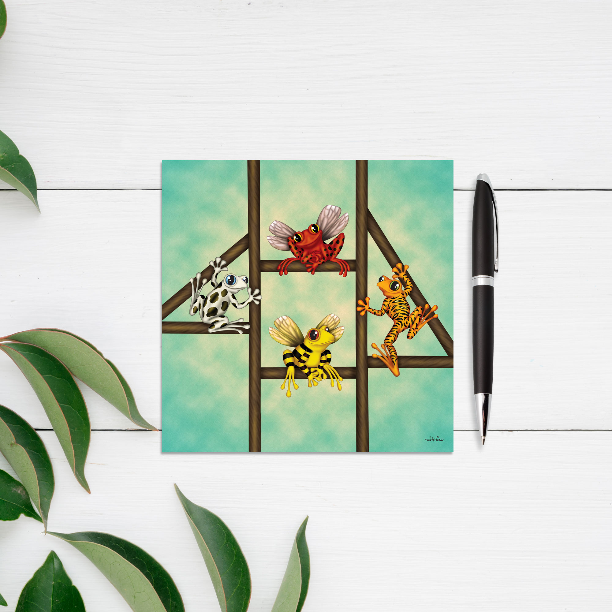 Exotic frog art prints/postcards with four fantasy frogs that can be framed and displayed as wall art or sent as greeting car