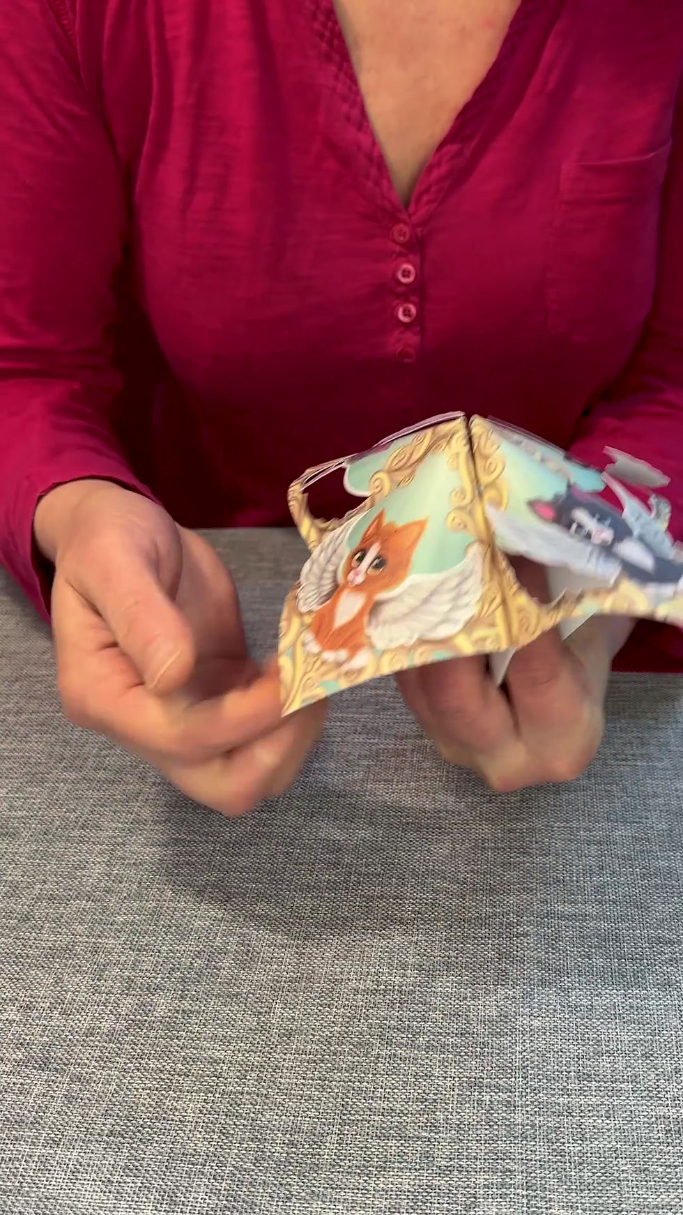 Thumbnail: Paper fortune teller with brown, black, ginger and grey cat angels with pop-up wings in each corner.