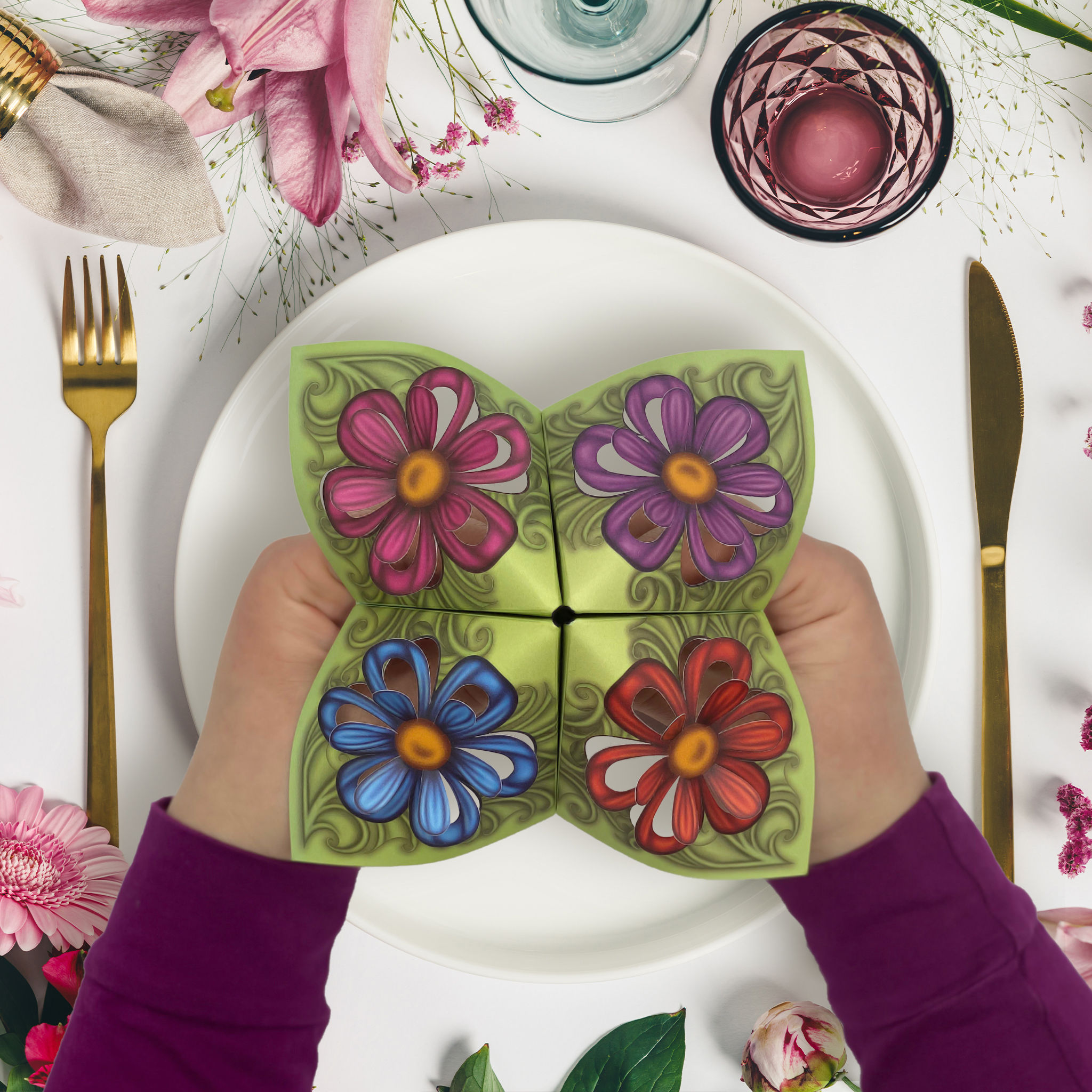 Cootie Catcher pop-up card with blue, pink, purple and red vintage flowers on each corner with pop-up flower petals.