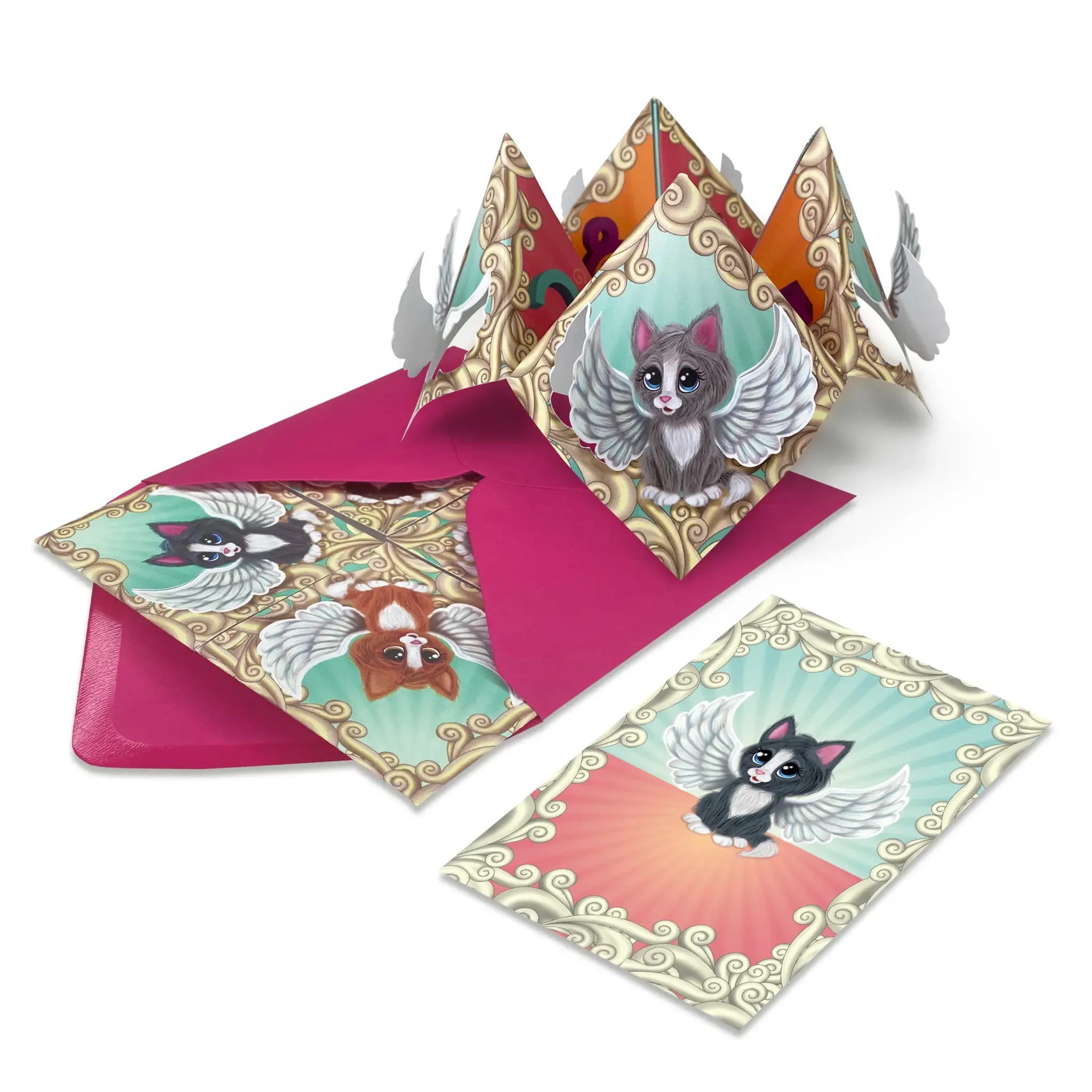 Cat angels paper fortune teller with matching notecard and colourful envelope