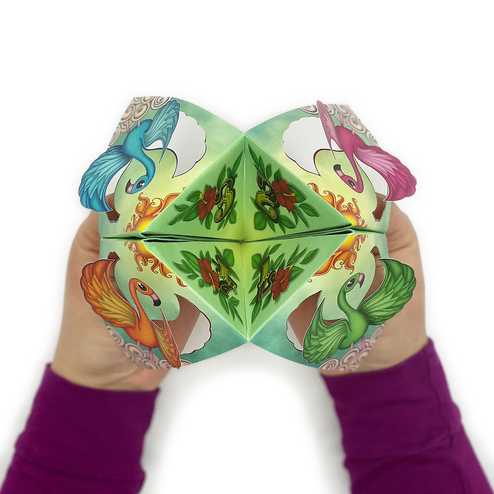 Thumbnail: Origami Cootie Catcher card with orange, blue, green and pink flamingos with pop-up wings on each corner.