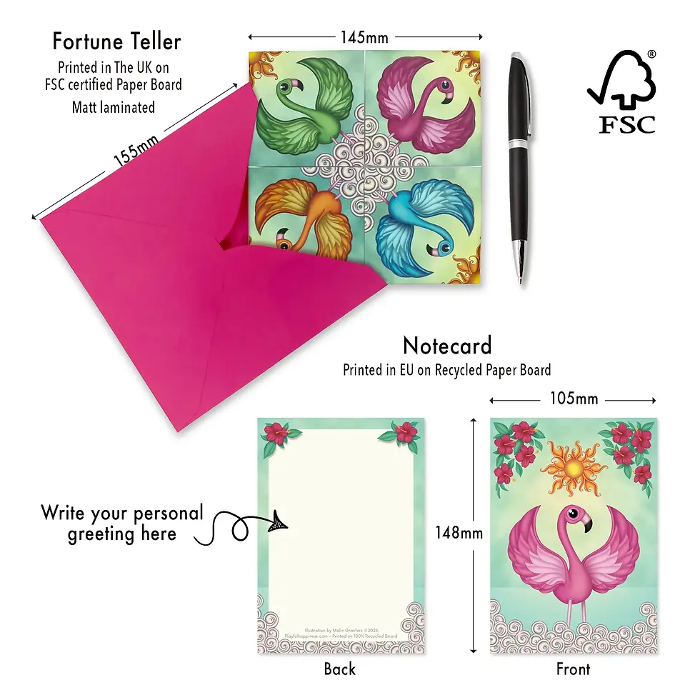 Miniatyrbild: Flamingo paper fortune teller and notecard dimensions with FSC paper details