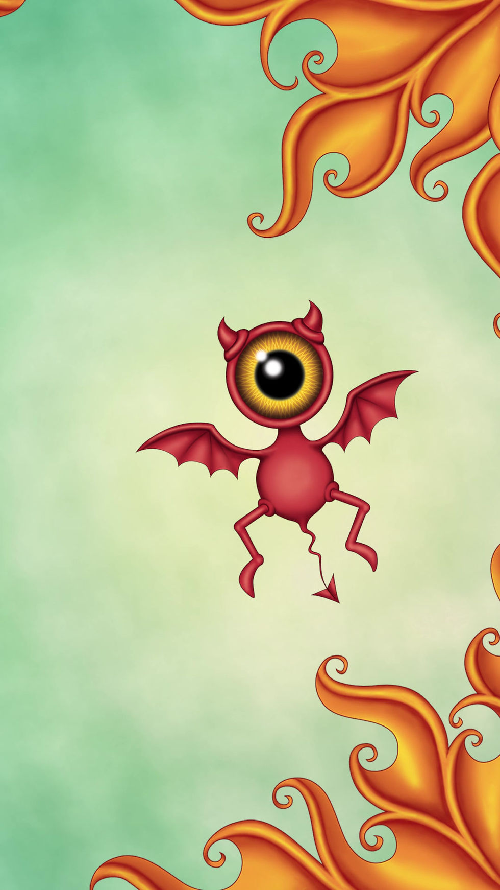 Miniatyrbild: Retro-style postcards and mini wall art print with four little one-eyed devils flying around in an inferno of fire artwork.