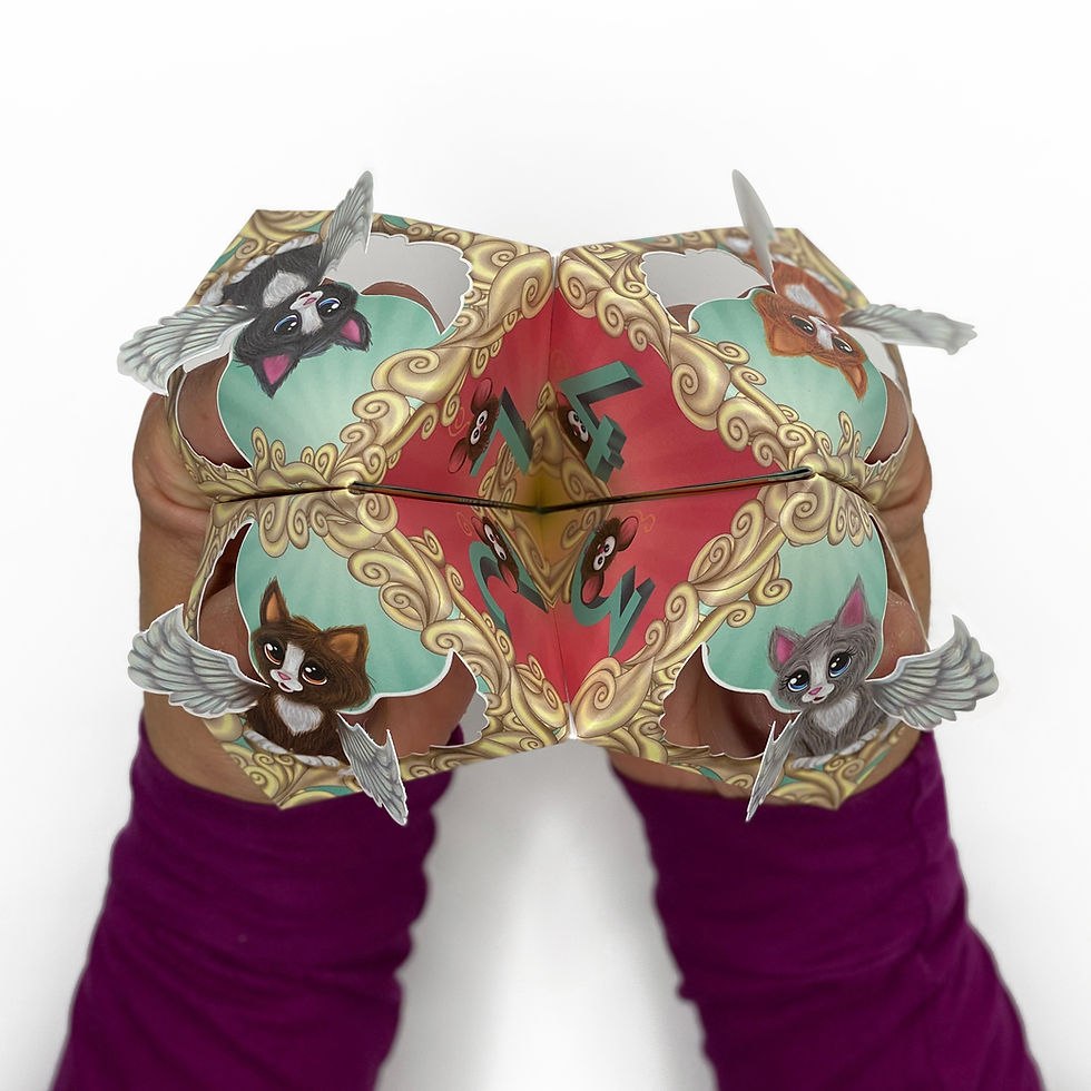 Thumbnail: Paper fortune teller with brown, black, ginger and grey cat angels with pop-up wings in each corner.