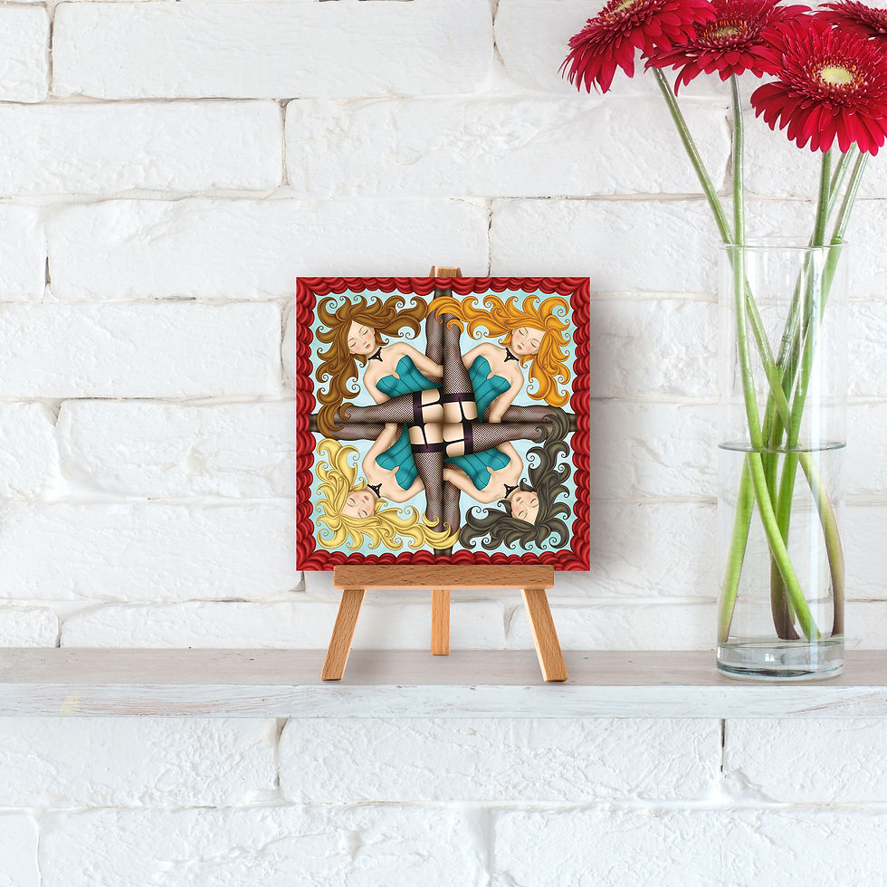 Miniatyrbild: Burlesque mini art prints and postcards with four showgirls entangled with each other. Can be displayed as erotic wall art.