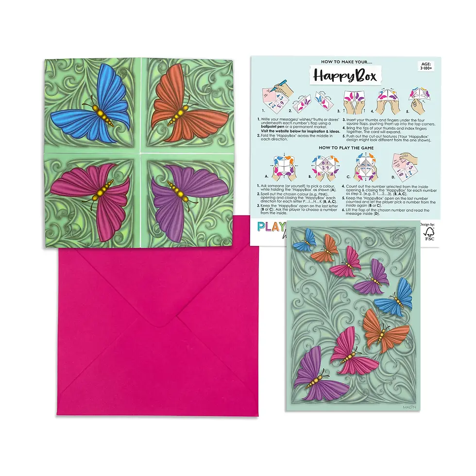 Miniatyrbild: Butterfly fortune teller card set with pink envelope, instructions and matching notecard