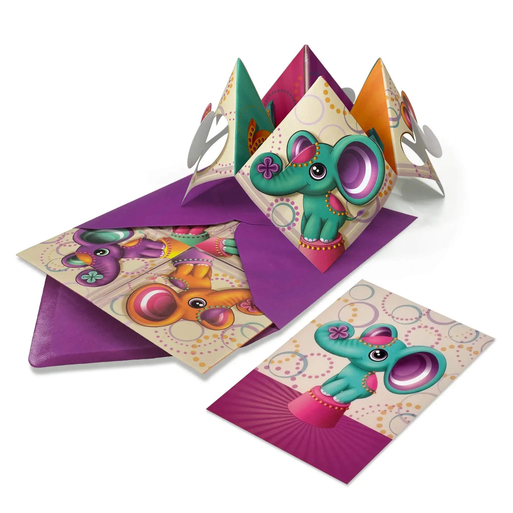 Elephant paper fortune teller with matching notecard and purple envelope