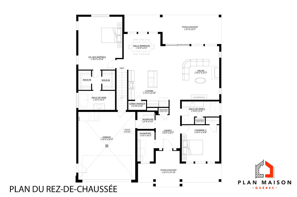 Miniature : Plan de maison farmhouse 2 étages avec garage double - Plan du rez-de-chaussée