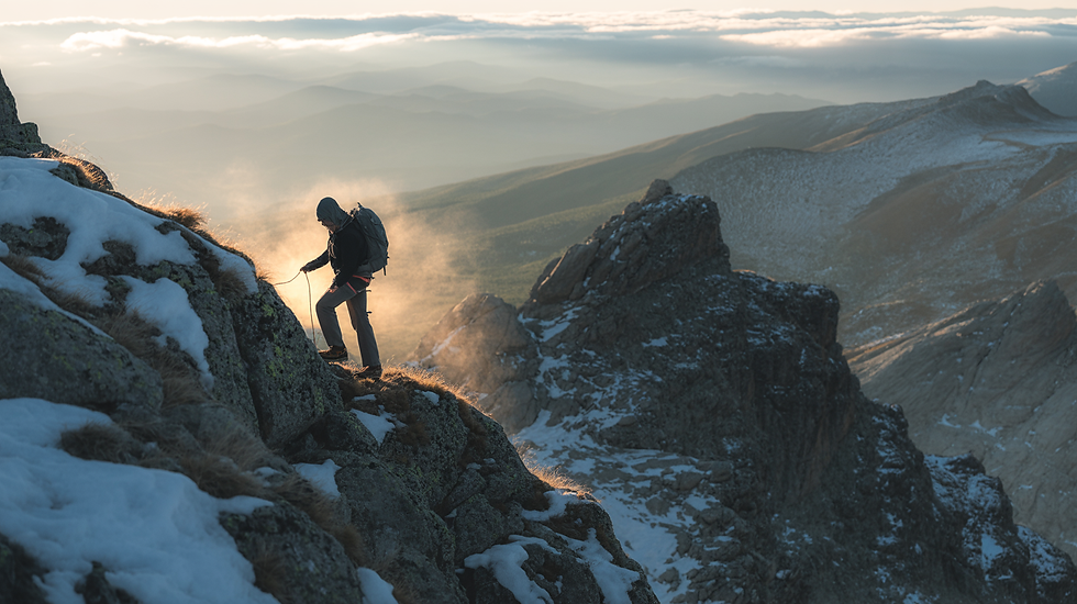 A photograph of a solitary figure scaling a rugged, snow-dusted mountain peak, their ascent bathed in the golden light of dawn. The person, clad in functional climbing gear, has a focused expression and a radiant, ethereal light emanating from their chest, symbolizing unwavering determination. Jagged rocks and sparse vegetation cling to the mountainside, while a swirling mist obscures the valleys below. Soft, diffused sunlight illuminates the scene, highlighting the climber's silhouette against the vast, panoramic sky.