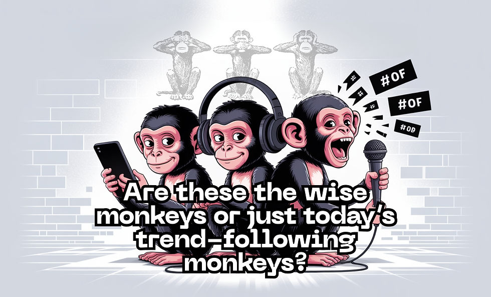Illustration comparing the traditional wise monkeys (see no evil, hear no evil, speak no evil) with modern social media monkeys who scroll endlessly, follow trends, and speak anything online — questioning whether wisdom has been replaced by trend-following behavior.