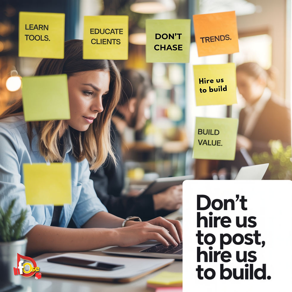 In a bustling office, a focused professional works diligently at her laptop, surrounded by motivational sticky notes emphasizing the value of building knowledge and educating clients. A bold message reinforces the shift from mere posting to value-driven building.