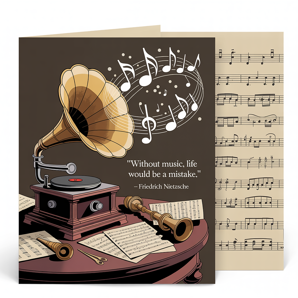 A thoughtful birthday card featuring a vintage gramophone bathed in warm light, emitting swirling musical notes that visually represent Friedrich Nietzsche’s quote. The gramophone sits on a dark mahogany table surrounded by scattered sheet music and antique brass instruments, all rendered in a sepia-toned palette with touches of gold to evoke a sense of nostalgia and timeless artistry. "Without music, life would be a mistake." — Friedrich Nietzsche is elegantly displayed in a classic serif font beneath the gramophone, with the card’s interior offering a cream-colored space for a personal birthday message and a subtle, repeating pattern of musical notes in the background. The overall tone is reflective and sophisticated, suitable for a friend or family member who appreciates music and intellectual depth, creating a lasting impression of appreciation and understanding.