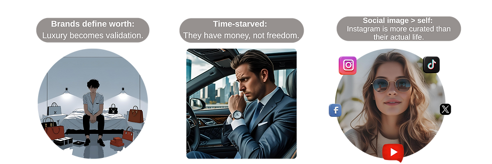 The facade of luxury and social media personas: When brands define self-worth, time is scarce, and online life becomes more curated than reality.