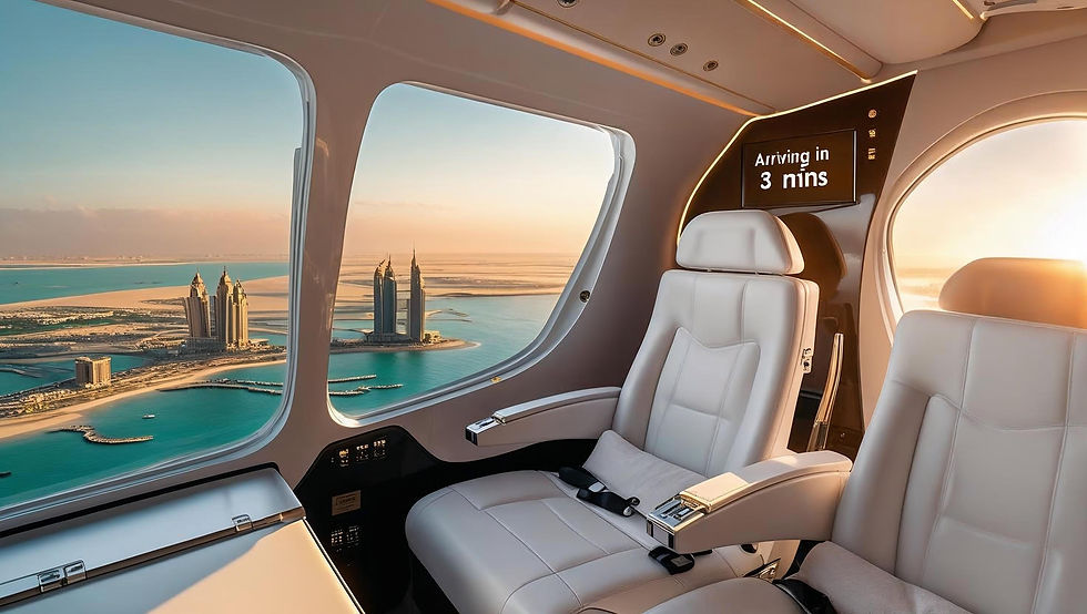 Luxurious airplane cabin with white seats and a view of a coastal city at sunset. Screen displays "Arriving in 3 mins" in warm light.