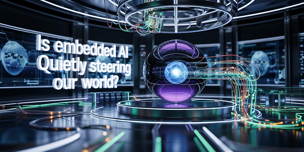 A 3D render of a vast, circular futuristic control room dominated by swirling holographic displays and transparent interfaces. At the center, a single, polished chrome sphere pulses with soft blue light, representing the core AI network managing global systems. Complex data streams resembling glowing neural pathways flow around the sphere and across the walls, reflected in the polished metallic floor while "Is Embedded AI Quietly Steering Our World?" appears as a 3D metallic text overlay in the upper left corner. Cool blue neon lights illuminate the scene, emphasizing the advanced technology and quiet, intelligent atmosphere.