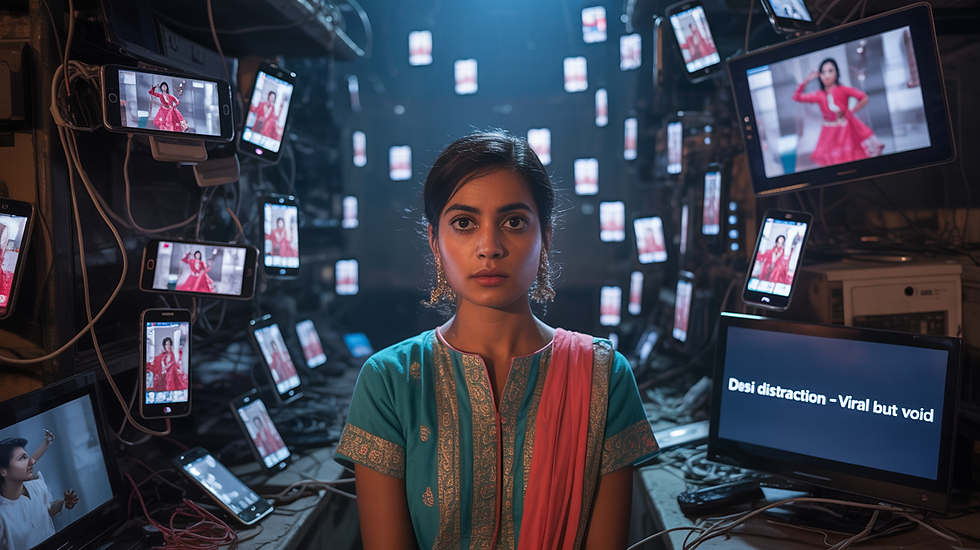 A woman in traditional attire sits amidst a dense backdrop of digital screens, each displaying the same viral dance video, capturing the overwhelming nature of modern media consumption.