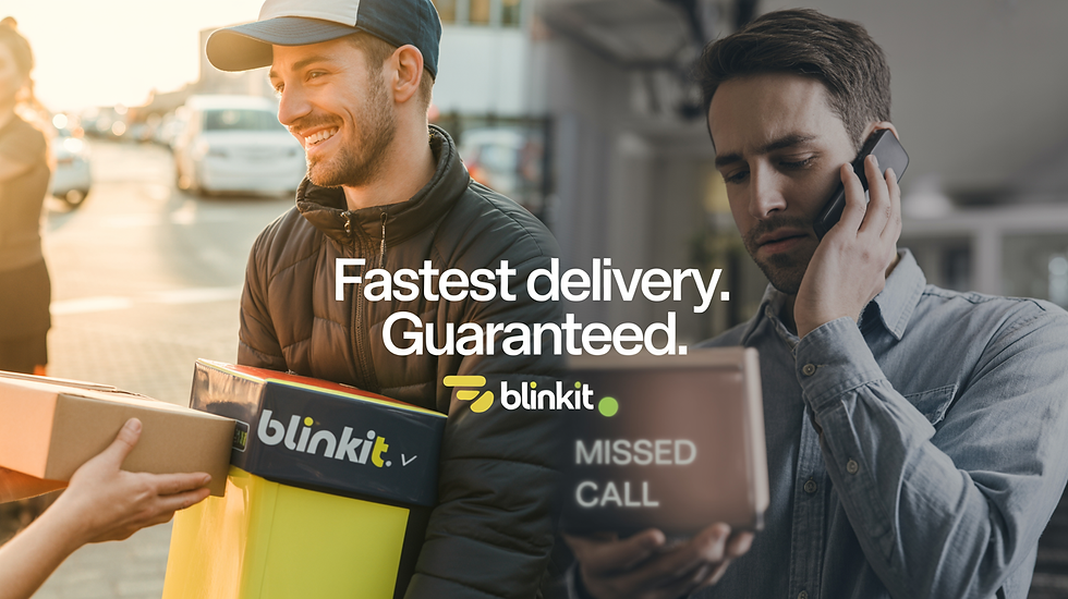 Left side shows Blinkit/Zepto delivery rider handing over package with a smile, right side shows a traditional shop owner ignoring a phone call. Bright vs. dull contrast to symbolize seriousness vs. negligence.