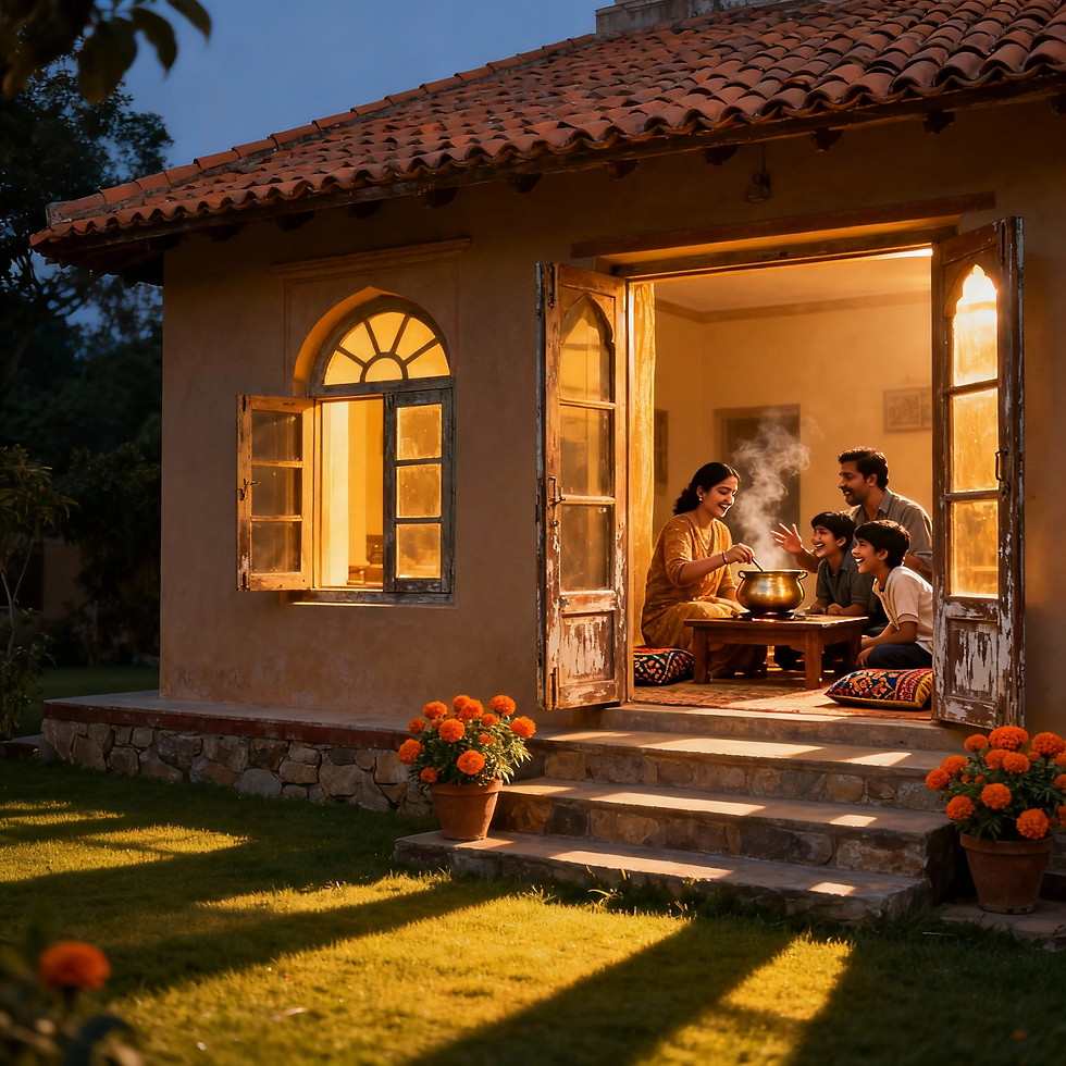 Family enjoying a meal on a porch at dusk, with warm lighting. Orange marigolds by the steps, creating a cozy atmosphere.
