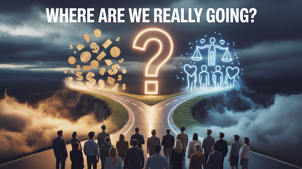 A cinematic photograph of a confused crowd of diverse people standing at a misty crossroads under dramatic storm clouds. The crowd faces two diverging paths: one road glows with golden light and floating dollar signs, coins, and money symbols, while the other path emanates a soft blue-white light with ethereal symbols of hearts, scales of justice, and helping hands. Above them, a massive glowing question mark pierces through the rolling fog and dark sky, casting an eerie light on their upturned, uncertain faces. At the top of the scene, bold white text reads "Where Are We Really Going?" in a strong sans-serif font, while atmospheric fog swirls around the crossroads, creating a sense of moral ambiguity and life-changing decisions.