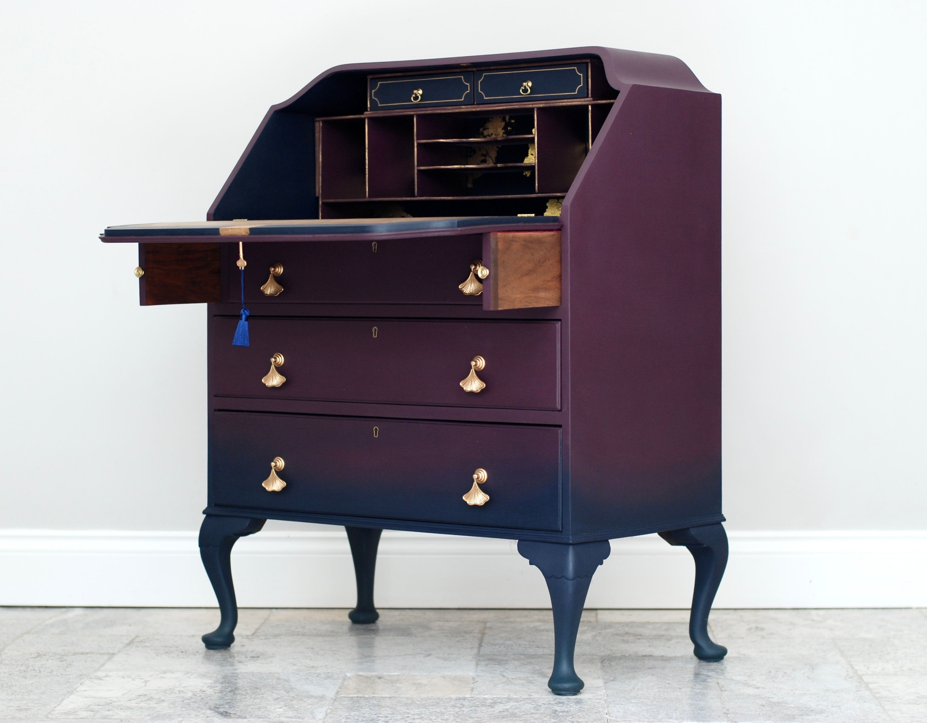 Queen Anne Style Ombre Writing Bureau in Deep Purple and Blue