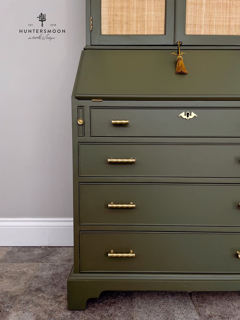 Thumbnail: Bureau Bookcase in Olive Green with Rattan Doors