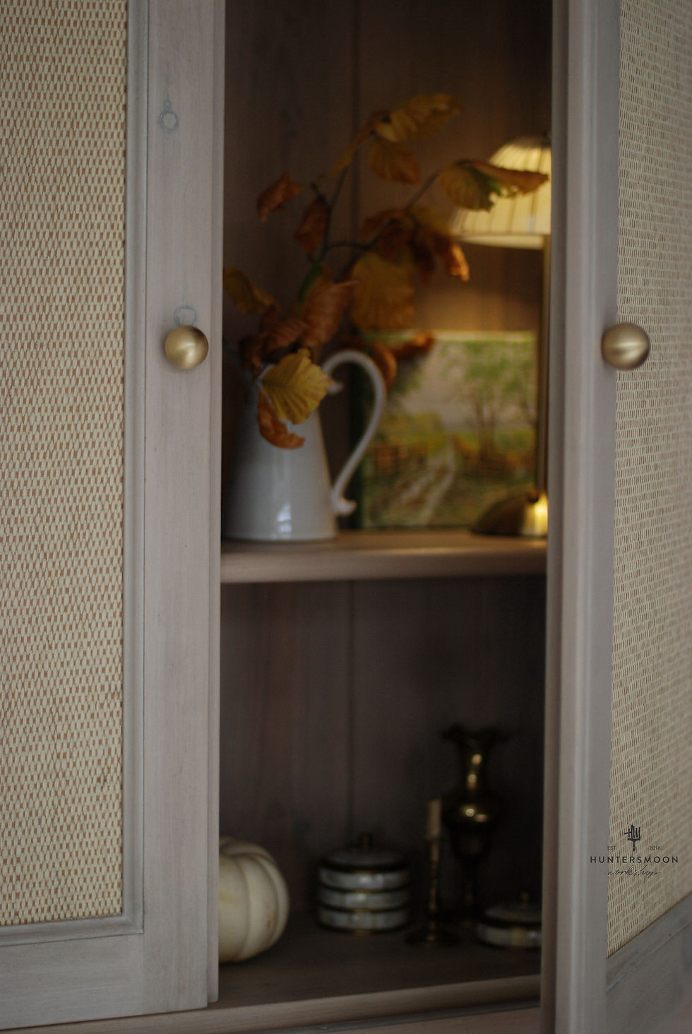 Thumbnail: Pine Bureau Bookcase with Raffia Doors
