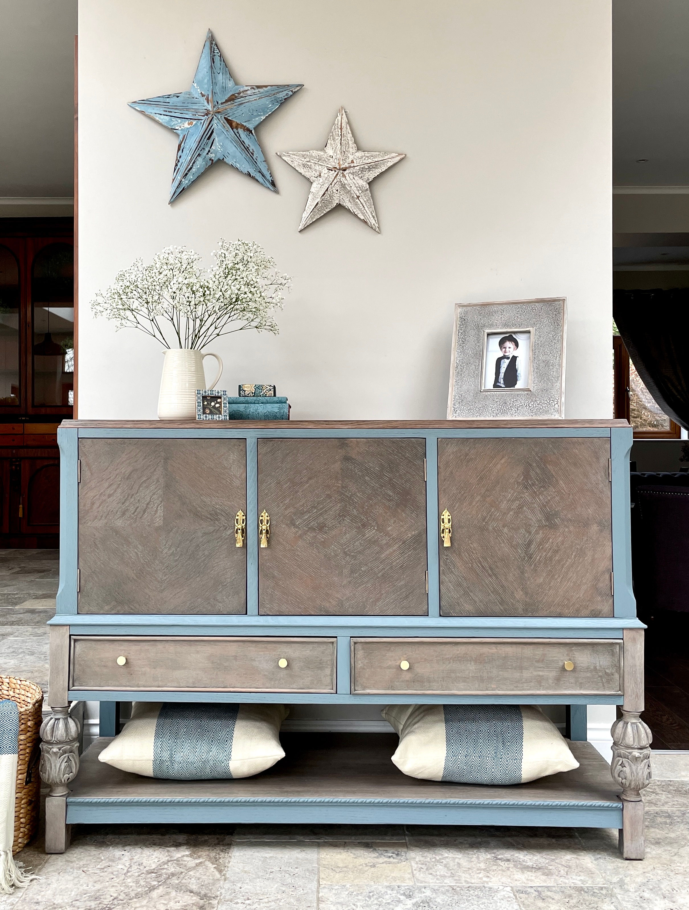 Jacobean Sideboard in Oak and Pale Blue 
