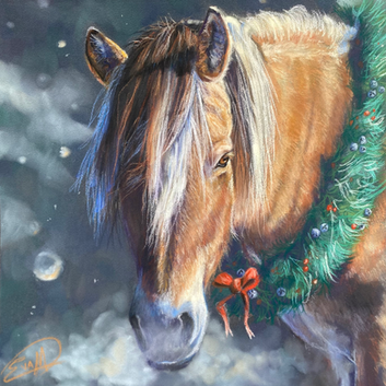 EvArt Studio, Soft pastel painting, horse portrait, fyord mare standing in snow, christmas horse, christmas wreath, Ride-On-Ranch, morning sunlight, breathing steam.