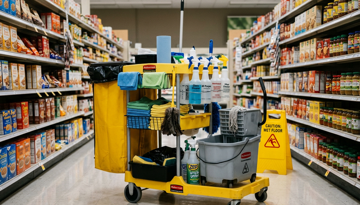 Wide-angle view of a cleaning cart in a bright retail aisle