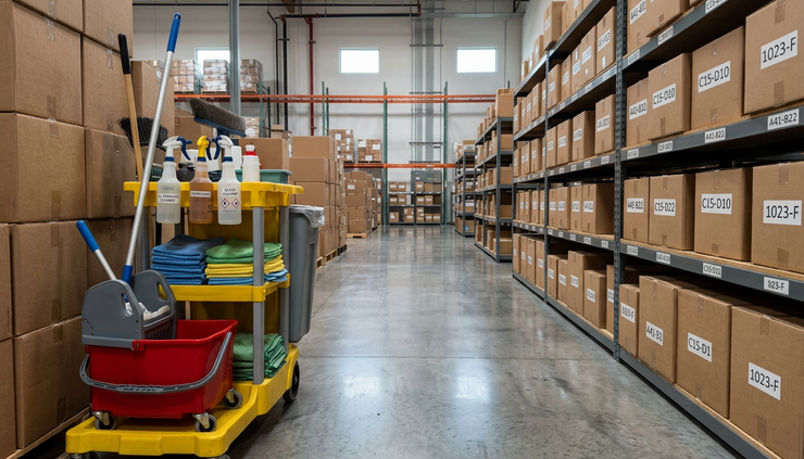 Wide-angle view of a clean warehouse aisle with a janitorial cart beside stacked supplies