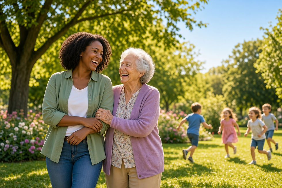 Caregiver and senior walking outdoors, non medical home care services