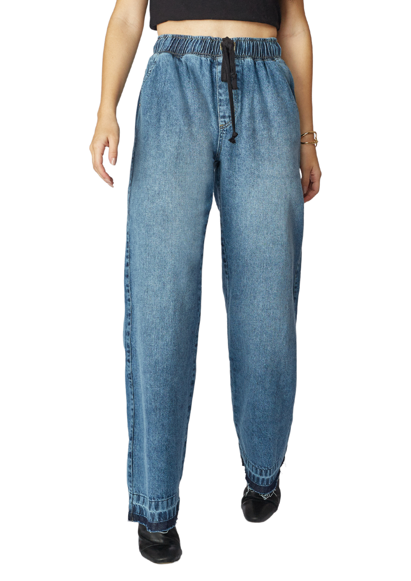 Calça Jeans Feminina Wide Leg Com Elástico