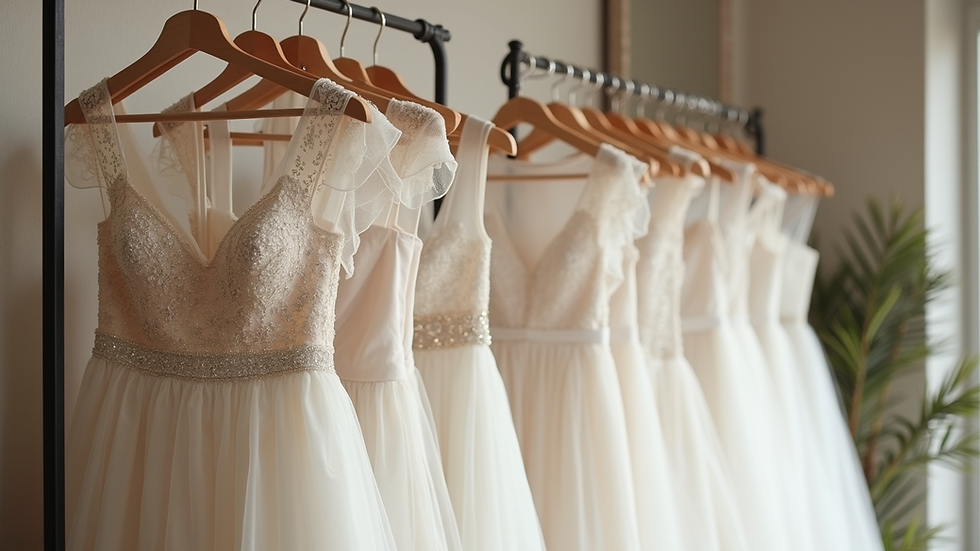 Eye-level view of a bridal boutique showcasing sustainable wedding dresses