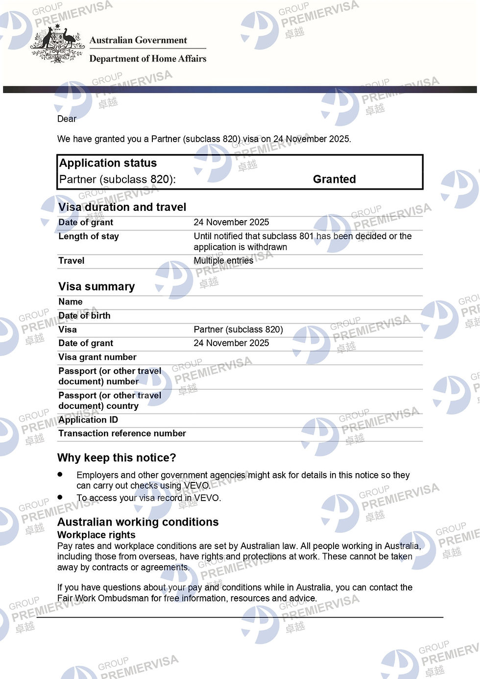 Redacted Australian subclass 820 grant notice dated 24 November 2025
