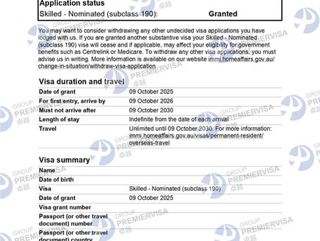 Redacted Australian subclass 190 grant notice dated 9 October 2025