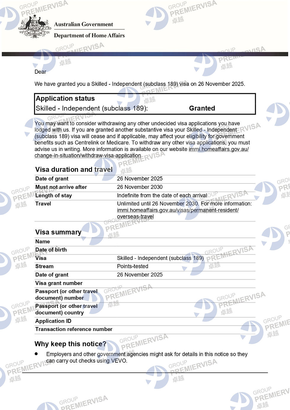 Redacted Australian subclass 189 grant notice dated 26 November 2025