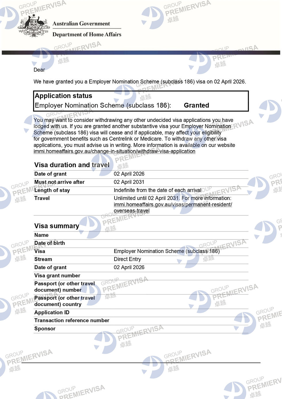 Redacted Australian subclass 186 Direct Entry visa grant notice dated 2 April 2026, showing Granted status