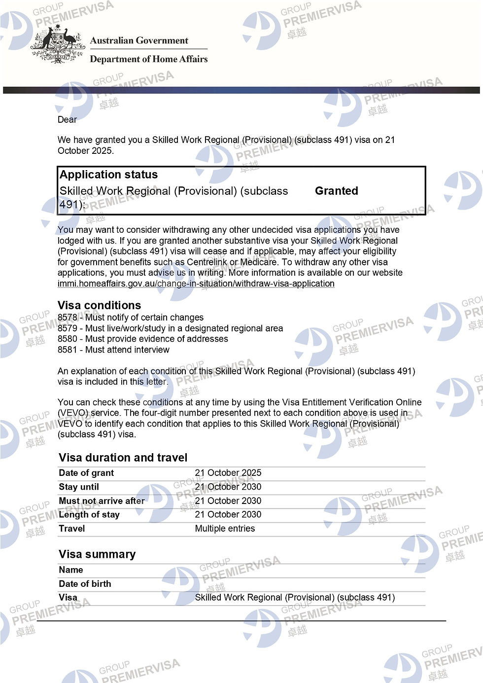 Redacted Australian subclass 491 grant notice dated 21 October 2025