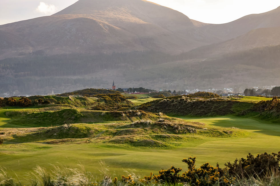 Royal County Down Golf Course and Club with dunes, fairways against the magnificent backdrop of the Mountains of Mourne for golf tour operators