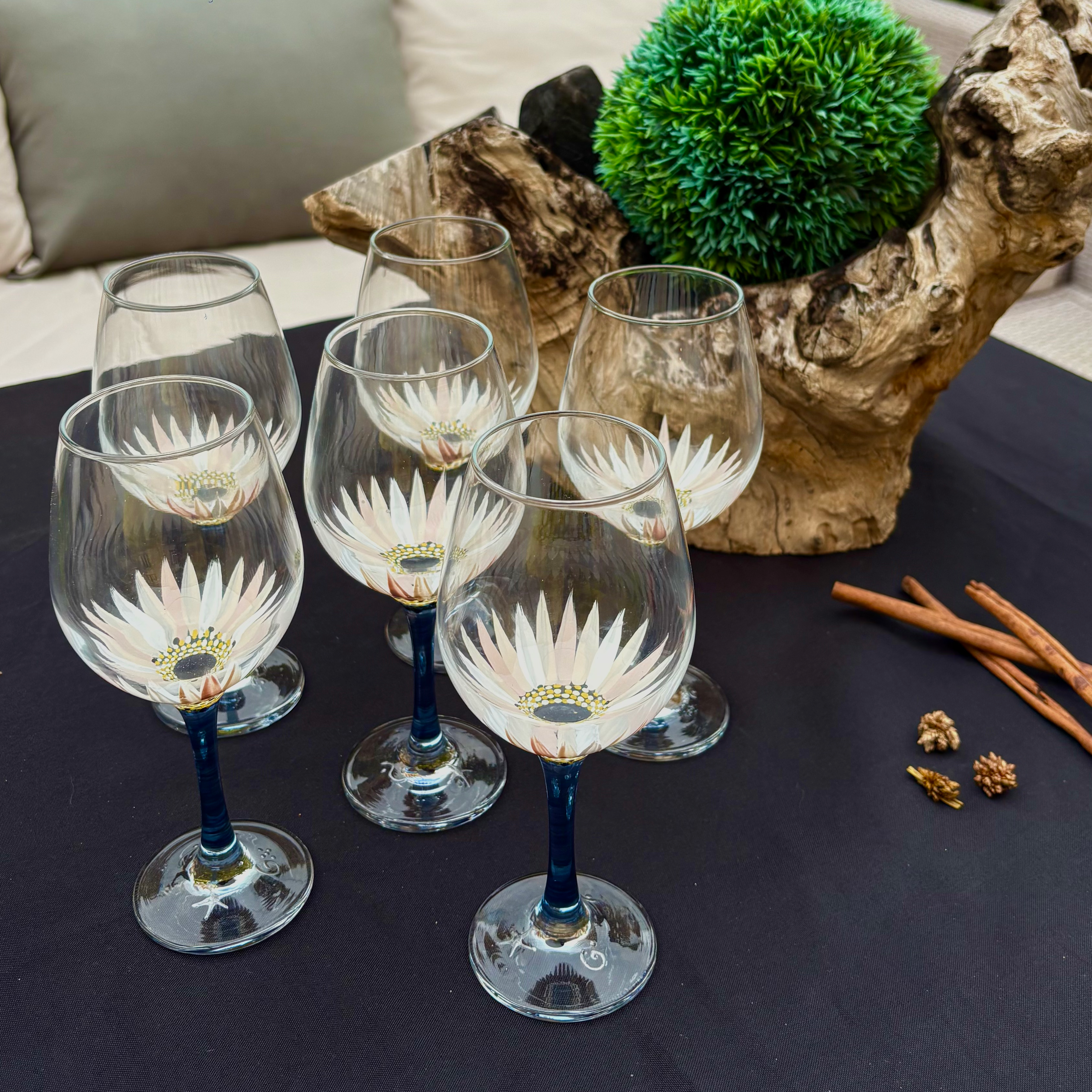Bouquet 6 verres a vin Fleurs Marguerite Pied Bleu