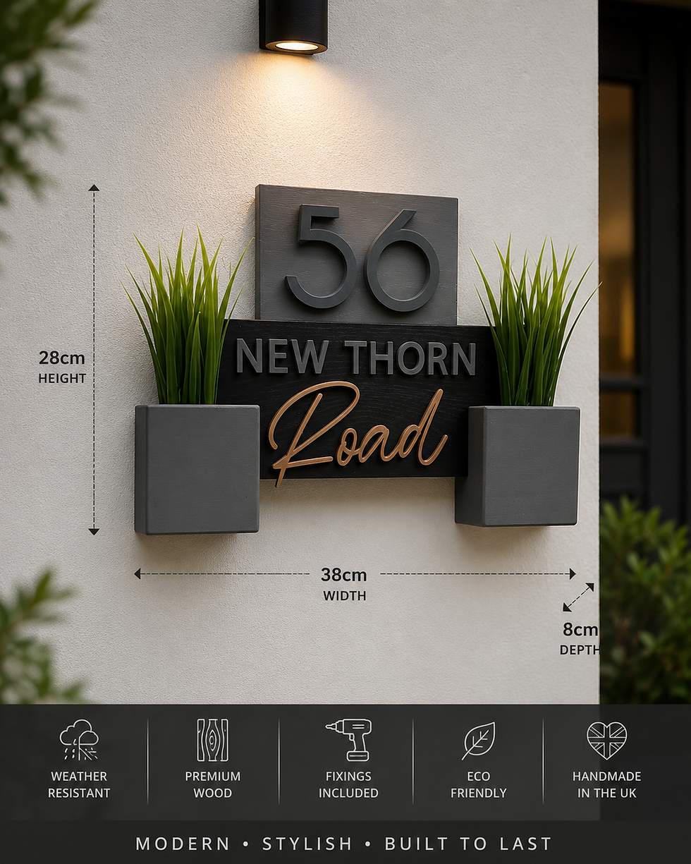 Thumbnail: DISCORDIUM Premium Personalised House Sign with Twin Planters | Contemporary
