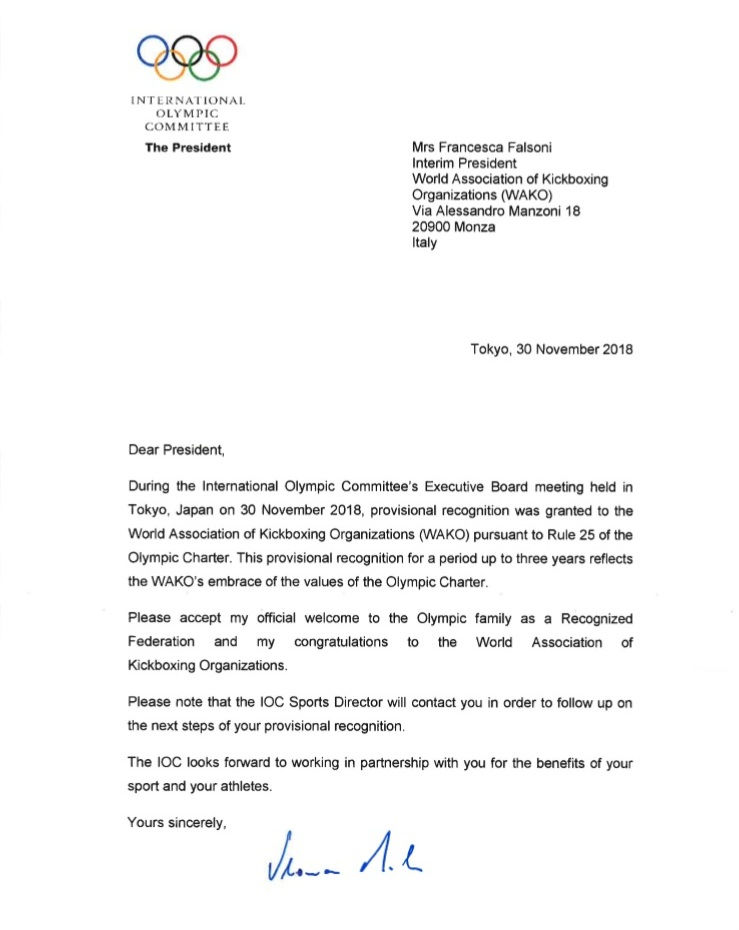 WAKO Recognition letter from Mr Thomas Bach, President of IOC (WAKO Kickboxing Singapore Blog)