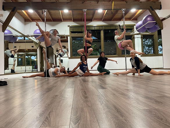 pole fitness class — strength and dance-focused aerial workout