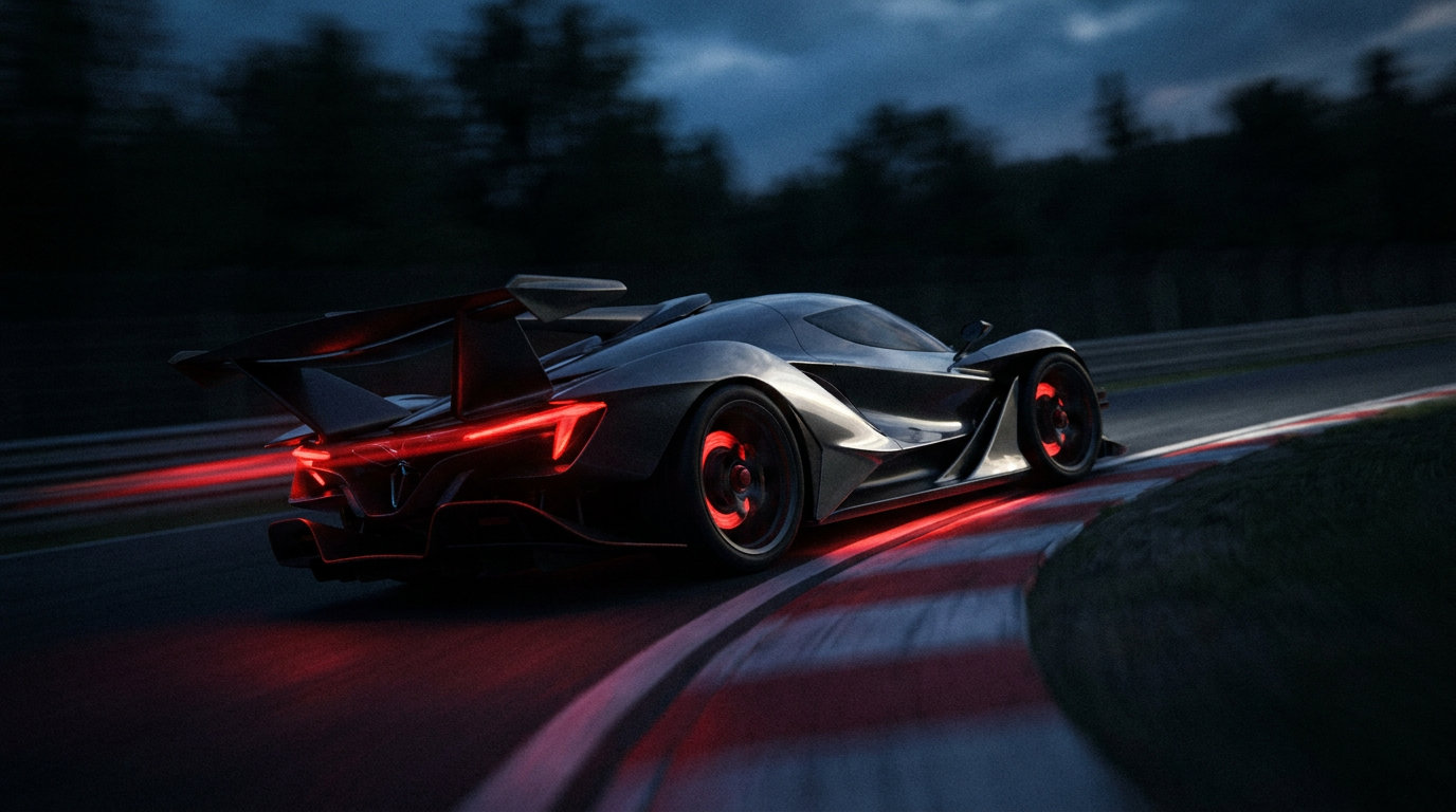 TH-12W hypercar cornering at the apex of a dark circuit at dusk, brake discs glowing