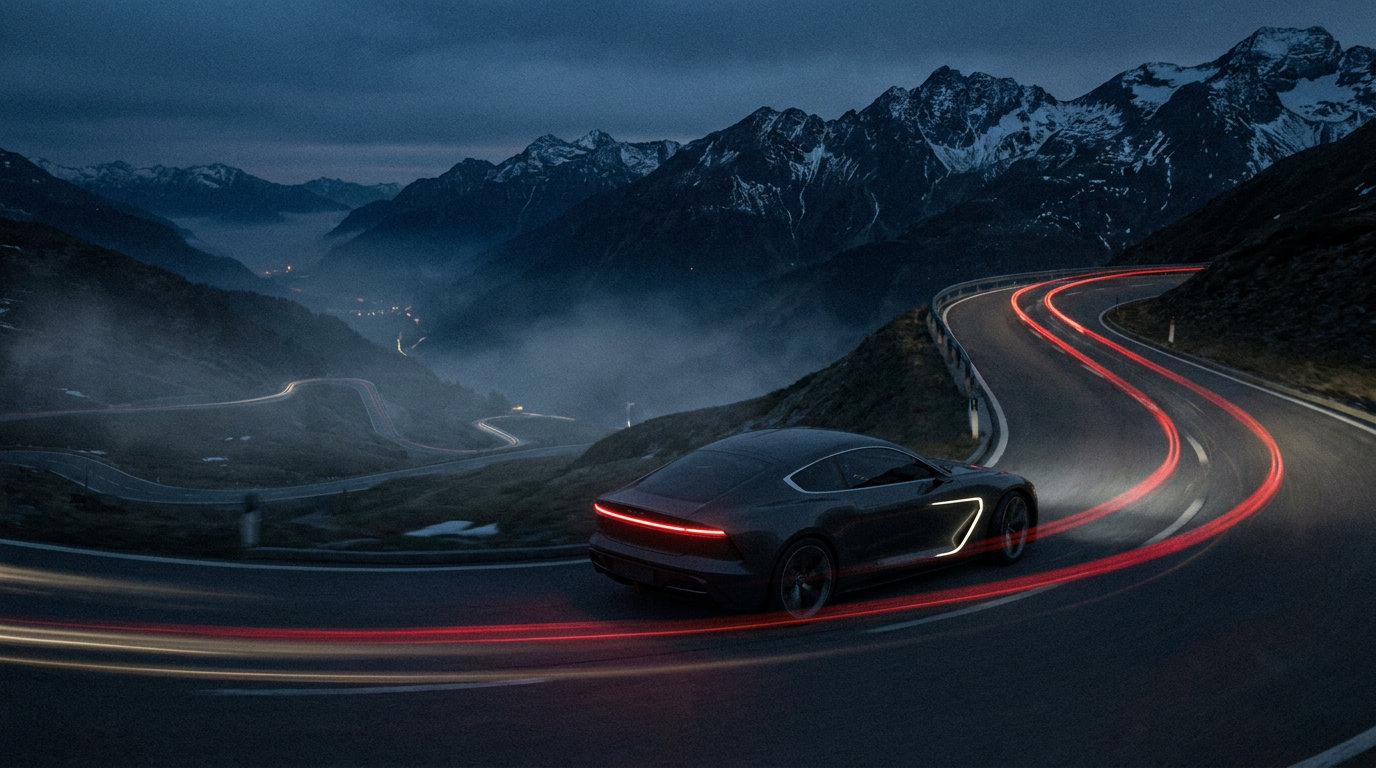 Apex GT sweeping through an alpine hairpin at blue hour, tail lights tracing the road