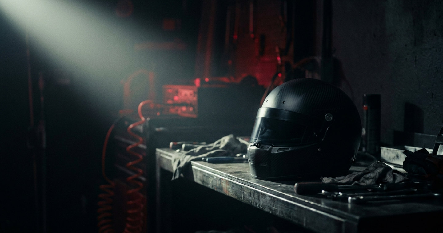 A carbon-fiber racing helmet on a workbench in a dark garage bay, lit by a single beam