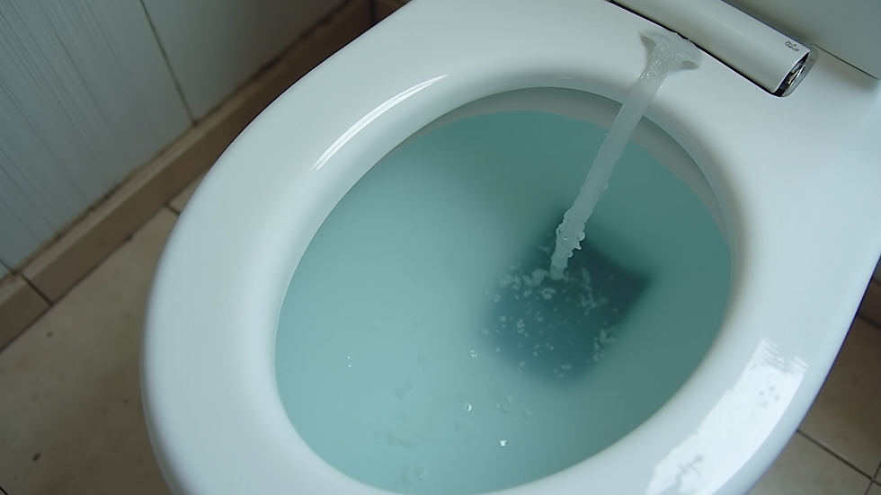 Eye-level view of a toilet bowl with water running continuously